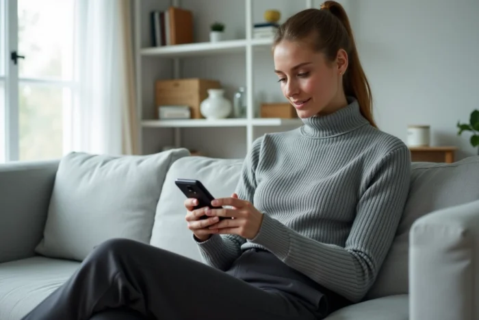 Femme consultant le suivi de livraison de son colis Vinted Go sur son smartphone dans un salon moderne