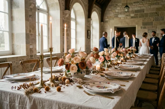 Table de réception de mariage dans un château avec compositions florales roses poussiéreuses, bougies en laiton et vaisselle artisanale