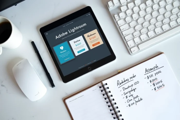 Vue aérienne d'une tablette affichant les tarifs d'abonnement Adobe Lightroom sur un bureau en marbre blanc avec carnet de notes