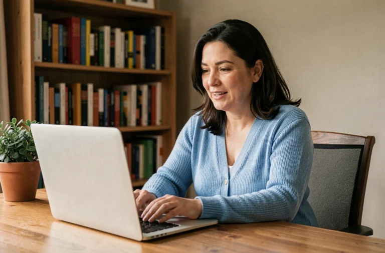 Femme en téléconsultation avec un orthophoniste via ordinateur portable à domicile