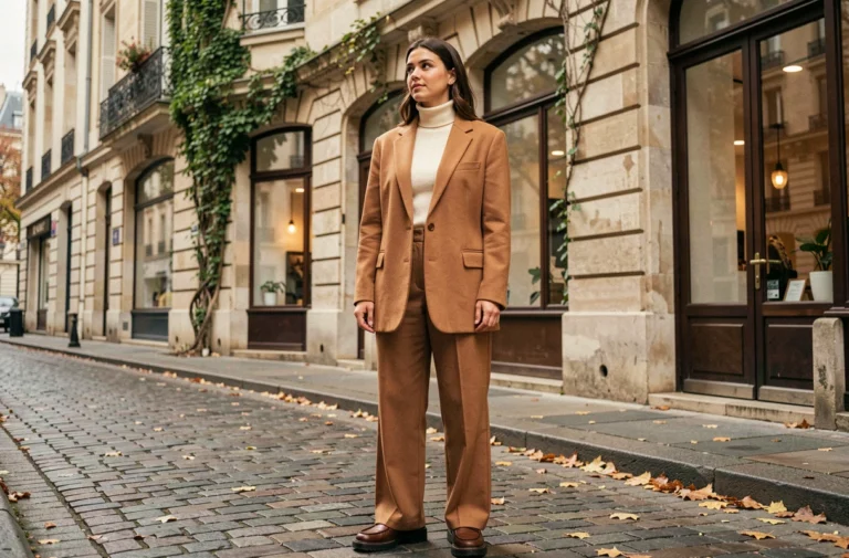 Femme portant un blazer oversize camel et un pantalon large dans une rue pavée parisienne, look tendance automne mode