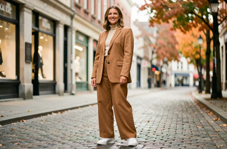Femme élégante en blazer camel et pantalon large marchant dans une rue pavée européenne, tendance mode automne