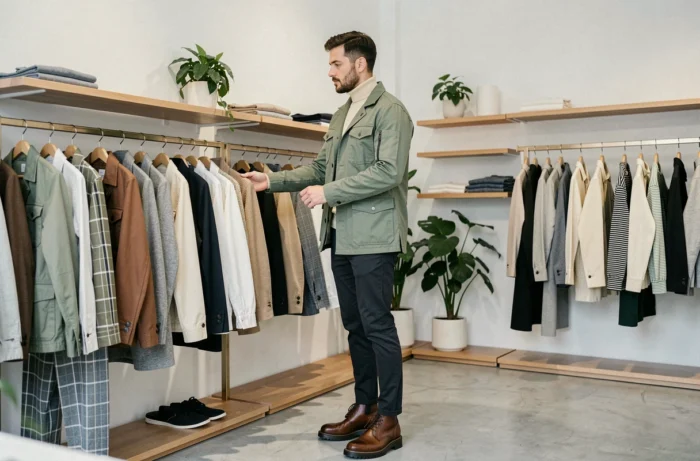 Homme stylé en veste utilitaire verte et col roulé crème dans une boutique de mode minimaliste moderne