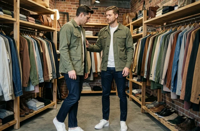 Homme en veste utility verte et jean indigo dans une boutique vintage, tendances mode masculine automne-hiver