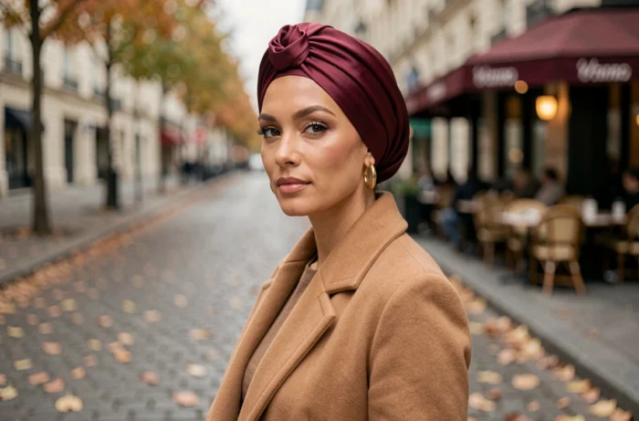 Femme élégante portant un turban en soie bordeaux avec un manteau camel dans une rue pavée parisienne en automne, tendance mode femme turban chic