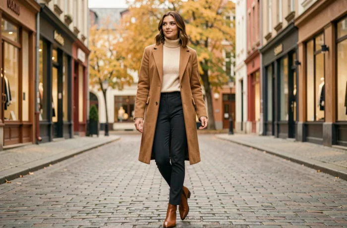 Femme élégante en manteau camel et bottines en cuir marchant dans une rue pavée aux boutiques automnales