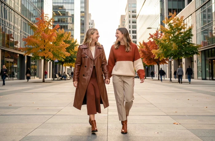 Deux femmes en tenues tendance automne marchant en ville, manteau trench marron et pull color block terracotta, look mode saison
