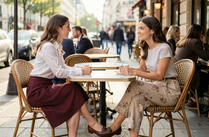 Deux femmes tendance attablées en terrasse de café parisien, portant des tenues mode de saison aux textures et couleurs variées