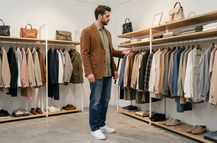 Homme tendance en blazer oversize et jean droit explorant les nouvelles collections dans un concept store minimaliste