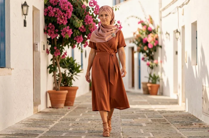 Femme élégante en turban satin vieux rose et robe terracotta se promenant sur une promenade méditerranéenne, tendance mode femme été turban luxe