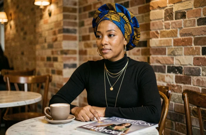Femme assise en café portant un turban wax bleu cobalt et moutarde avec colliers dorés, tendance mode turban africain chic pour femme