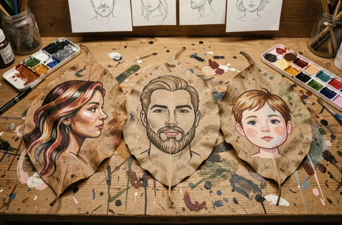 Trois feuilles séchées peintes avec des portraits et visages stylisés à la peinture acrylique en tons terreux