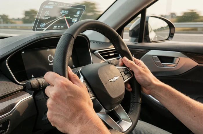 Mains sur un volant connecté avec capteur biométrique et affichage tête haute dans une voiture autonome moderne